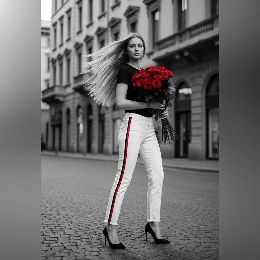 Zara white jeans with red racing stripe